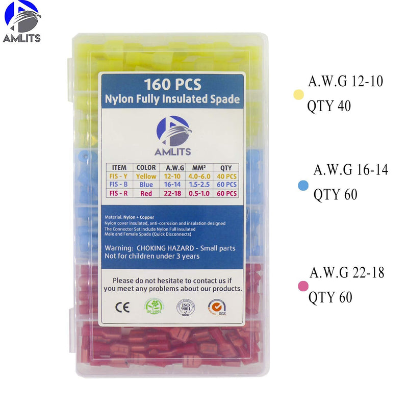 160 PCS Fully Insulated Male & Female Spade Nylon Quick Disconnect Electrical Crimp Cold-Pressed Terminals Assortment Kit 160 PCS