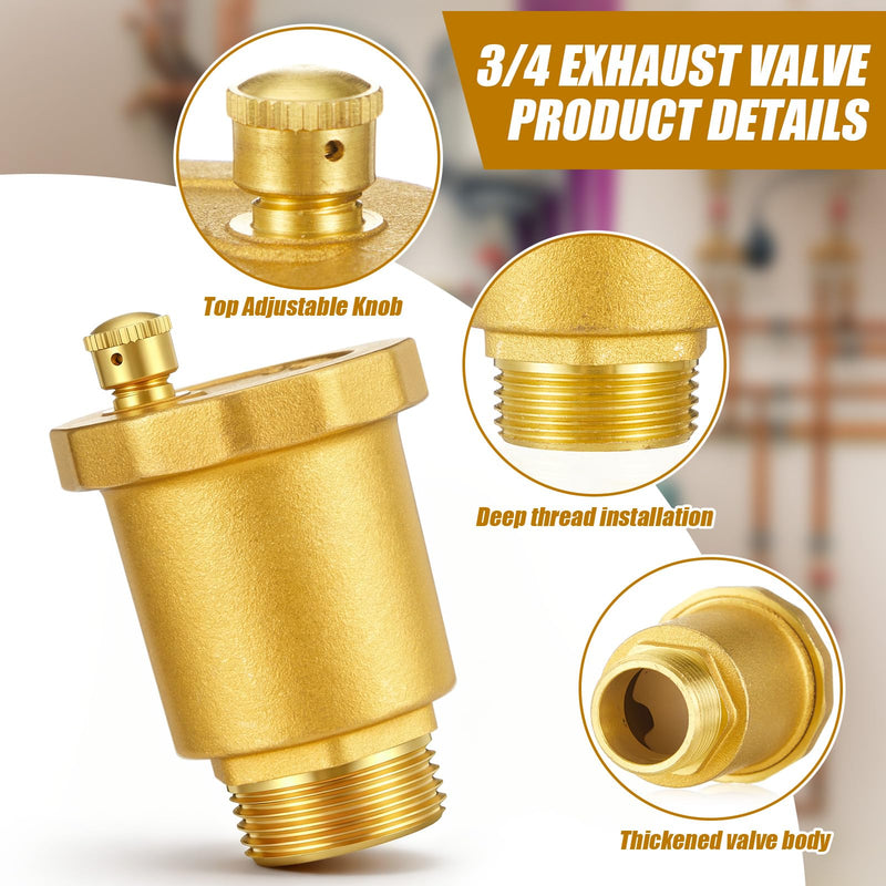 4 Pack Brass Automatic Float Valve 3/4" Male NPT Thread Air Release Bleeder Vent Valve Automatic Diaphragm Pipe Fitting Connector Adapter for Hot Water Radiator Boiler Heat HVAC Exhaust System