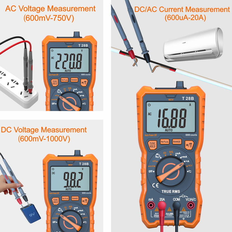 True RMS Digital Multimeter Tester, Auto-Ranging AC DC 20A Ohmmeter 1000V Voltmeter with NCV, Measure Voltage Current Amp Resistance Diode Continuity Duty-Cycle Capacitance Temperature, for Home Auto up to 1000V/20A