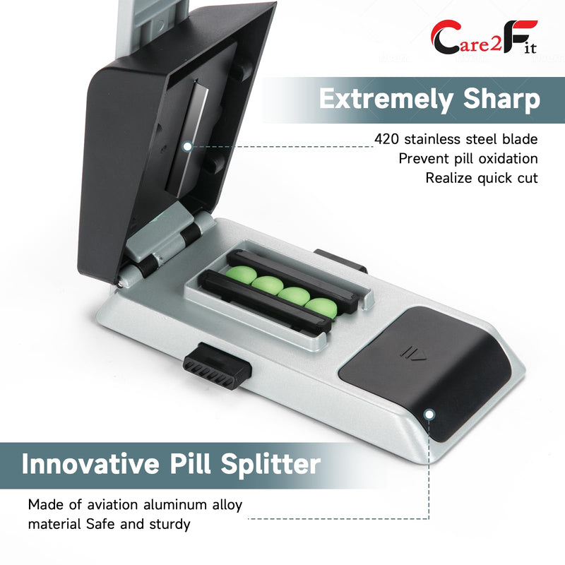 Auto Centering Pill Cutter Device, Pill Splitter Made of Aviation Aluminum Alloy with 402 Stainless Blade, Anti Cut Design,Ergonomic Operation Control,Designed in The USA (Silvery) Silvery