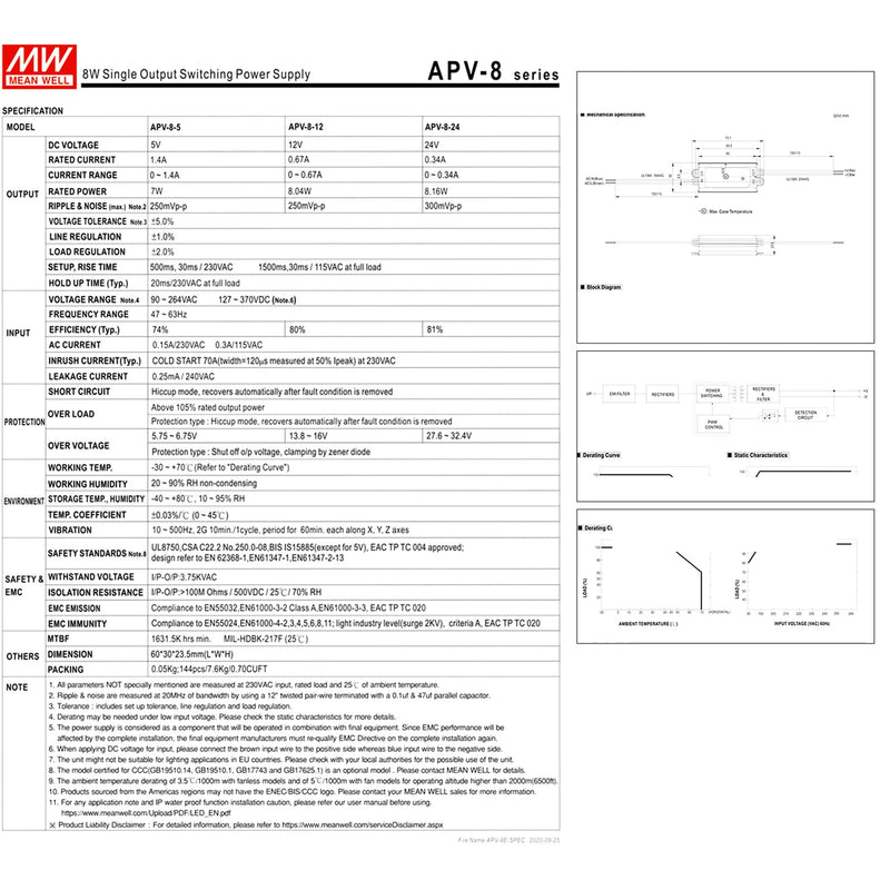 APV-8-12 12V 0.67A 8W Compact LED Driver, High Efficiency, for LED Lighting, Signs, YS-APV-8-12