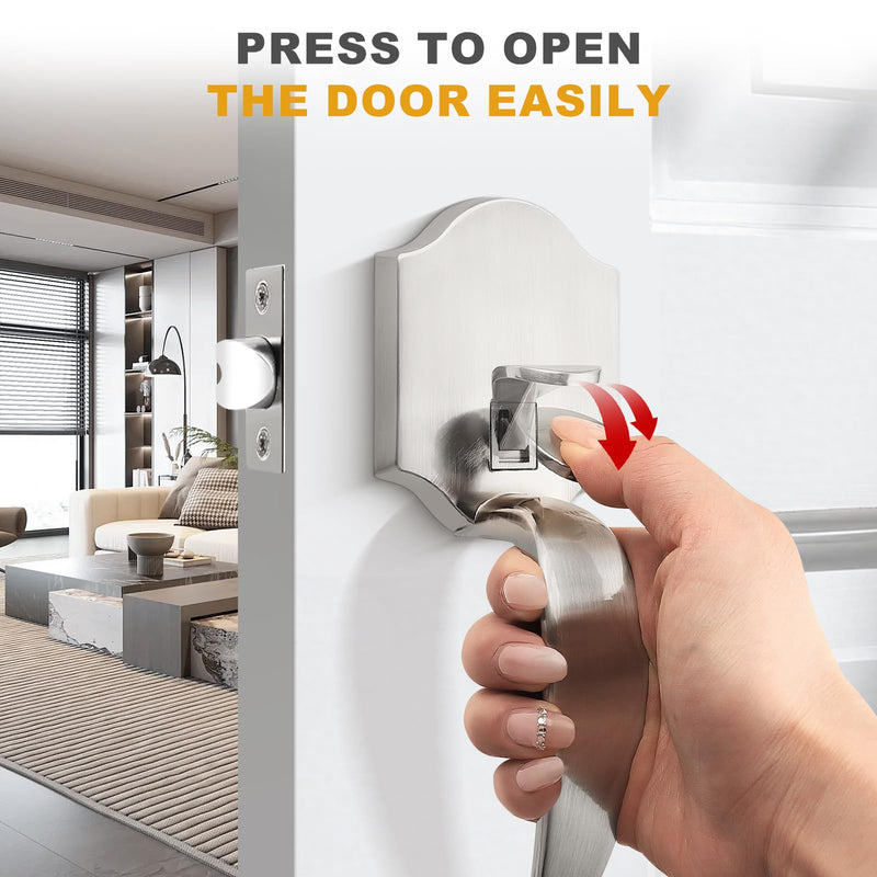 Probrico Satin Nickel Heavy Duty Front Entry Handleset, Passage Lock Grip Handle with Wave Lever Keyless Door Locks, Interior and Exterior Entrance Door Handle with Reversible Handed Lever,1Pack 1