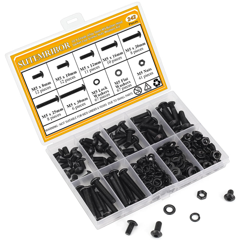 242 Pieces M5 Screws Nuts Washers Set Black, Sutemribor M5 x 8/10/12/16/20/25/30mm Button Head Socket Cap Screws Nuts Washers Assortment Kit, 10.9 Grade Alloy Steel, Fully Threaded M5 Screws Kit