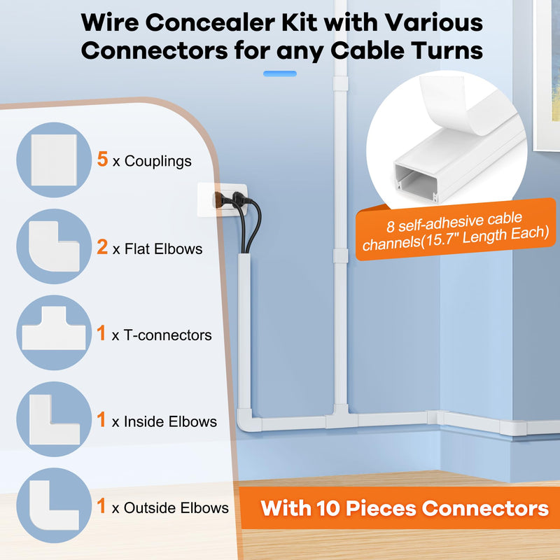 126in Cord Hider Kit, ZhiYo Cord Covers for Wall Mounted TV, Paintable Wire Cover for Cords, TV Cable Hider Wall Kit, Wall Cord Concealer, Cable Cover Wall Wire Management, 8xL15.7in W0.95in H0.55in Medium White