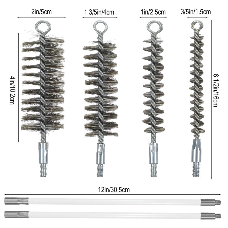 50in Pipe Cleaning Brush Set with Stainless Steel Bristles, Wire Brushs with 4pcs Galvanized Rod, Stainless Steel Pipe Brushs 4pcs for Auto Parts,Bottles,Tubes (3/5,1,1 3/5,2 in Brush Heads
