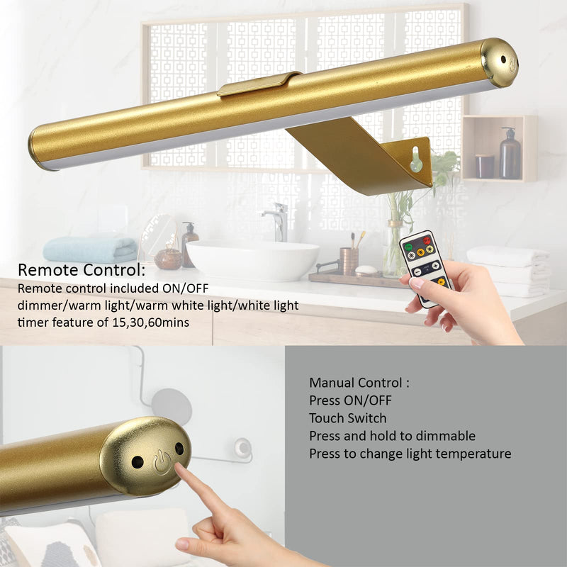 Wireless Picture Light Battery Operated,Rechargeable Painting Light with Remote Control, Metal Art Light Display Lamp,3 Modes,Dimmable Dartboard Light with Timer for Frame Gallery,300LM, Gold 13inch-Gold