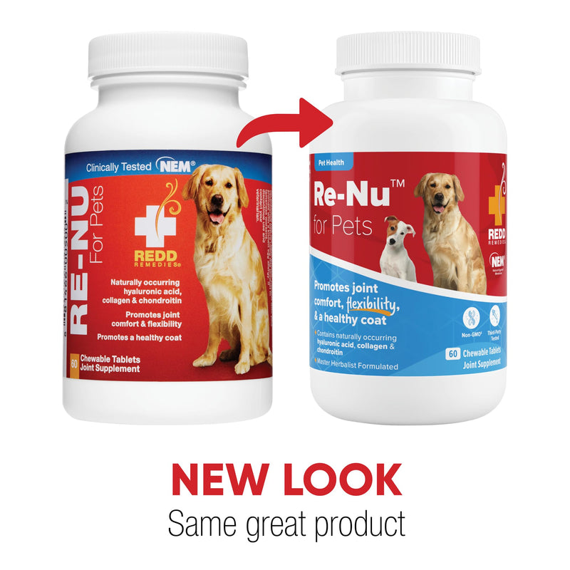 Redd Remedies, RE-NU for Pets, Joint Pain Relief Support for Dogs with Glucosamine, Chondroitin and Collagen from NEM, Calcium and Brewer’s Yeast, 60 Chewable Tablets, Made in the USA - PawsPlanet Australia