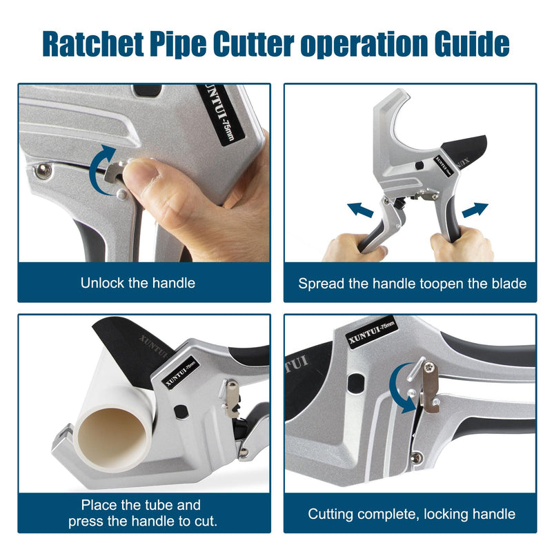 Professional PVC Pipe Cutter 2.5 inch (75mm) Capacity, Heavy Duty Silver Ratchet Tubing Cutter for 2-1/2" Schedule 40 80 PVC, PEX & ABS, One-Handed Cutting Tool for Pool & Sprinkler Repair