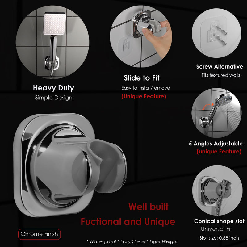 Hand held Shower Head Holder - 5 Angles Adjustable - Slide to Fit - Adhesive Screw Options for Multiple Surfaces - Minimal Shower Wand Holder (Chrome) Chrome