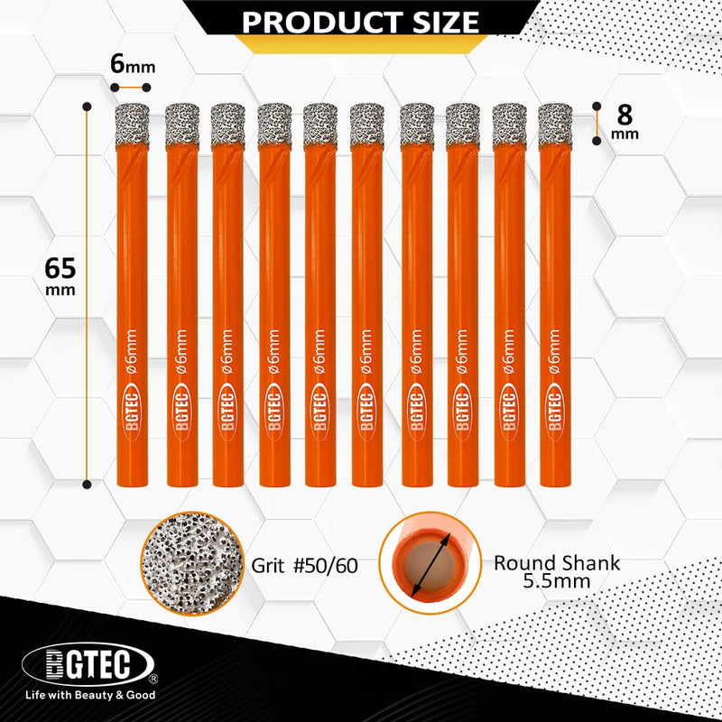 Dry Diamond Drill Bit Set,BGTEC 10pcs 1/4" 6mm Hole Saw for Granite,Marble,Masonry, Concrete, Tile/Ceramic, Glass, Hard plastic,Vacuum Brazed Diamond Core Drill Bit Kit