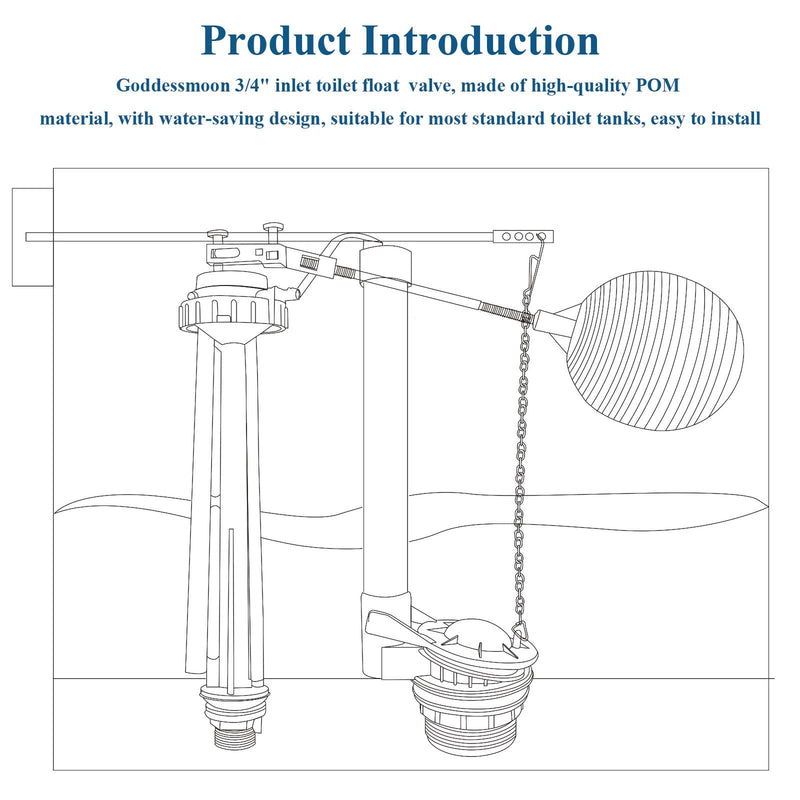 Toilet Float Fill Valve Replacement Kit, Universal Toilet Repair Kit, Includes G3/4" Inlet Fill Valve, Ballcock, and Ballcock Lever, Water-Saving Design WC Repair Parts