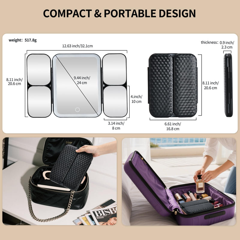 Tri-fold Vanity Mirror with Light,Rechargeable Travel Makeup Mirror with 5X/10X/20X/30X Magnifying Mirror,Touch Screen Dimming Light Up Vanity Mirrors for Travel Home,Black Black