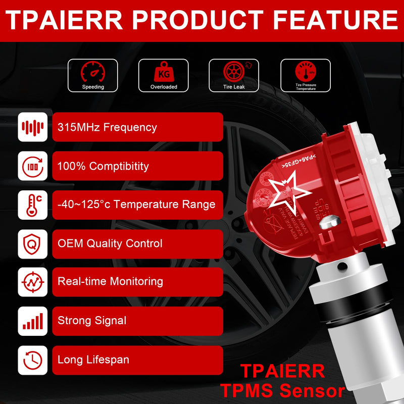 4Pcs TPMS Sensor, 315Mhz OE 13598771 13598772 13586335 13581558 Tire Pressure Monitoring System Compatible with Chevrolet/Chevy/Silverado/GMC/Buick/Cadillac/Pontiac/Hummber Set of 4 (Red) Red