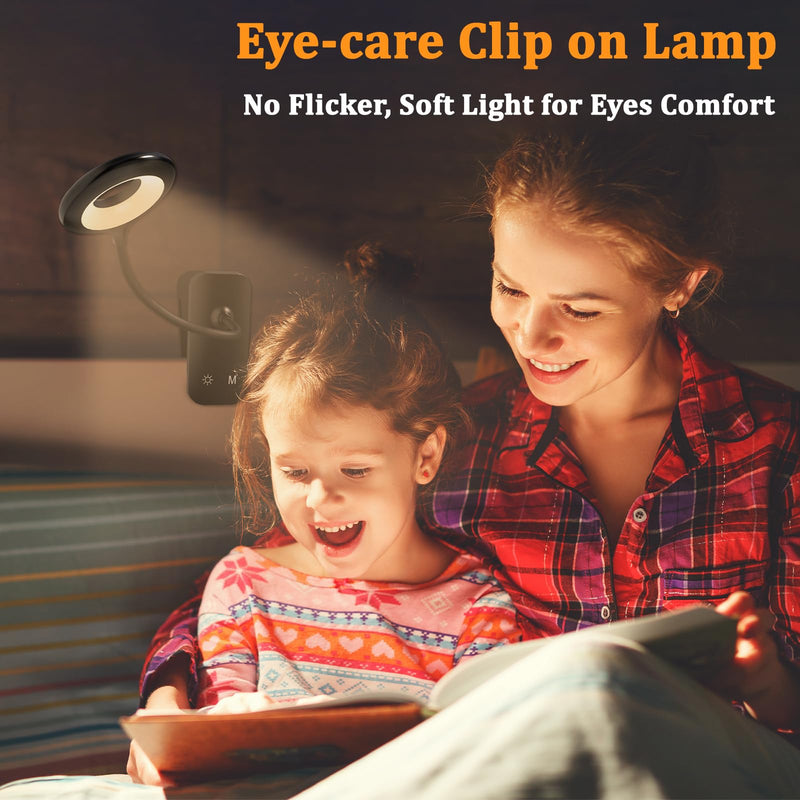 Clip on Light Rechargeable with Large Clamp, Battery Operated Bed Headboard Reading Lamp - 5 Colors 5 Brightness, Flexible Arm Book Light at Night for Kids Desk Bunk Metal Bed Frame (Black) 1Pack Black