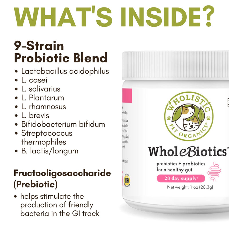 Wholistic Pet Organics WholeBiotics Supplement: Organic Dog Probiotic Powder - Cat Probiotic with Digestive Enzymes - Dog Probiotics for Diarrhea, Gas, Constipation, Upset Stomach, Allergies - 1 Oz - PawsPlanet Australia