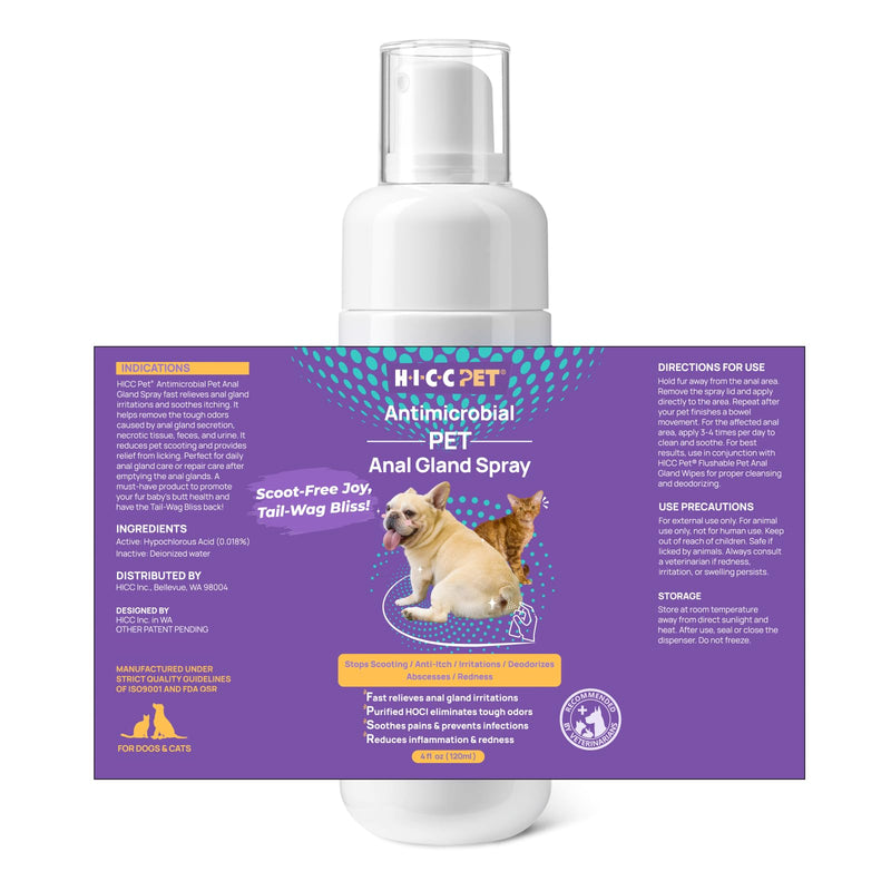 HICC PET Dog Anal Gland Spray - Fast Relieves Anal Gland Irritations and Soothes Itching, Stops Scooting, Eliminates Tough Odors, Pain Relieving & Anti-Itch, Safe for All Animals - 4 Fl Oz