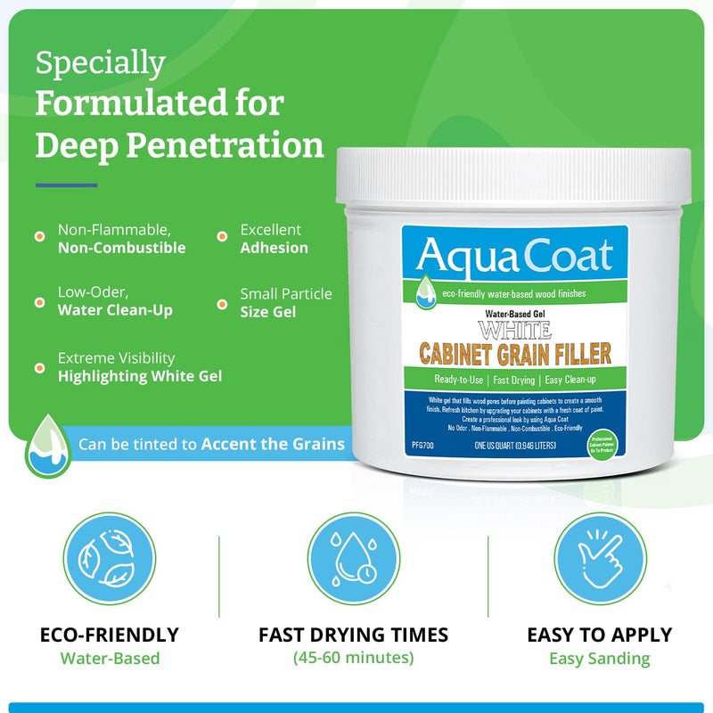 AquaCoat Water-Based White Cabinet Wood Grain Filler Gel – Fast Drying, Low Odor White Wood Filler, Sandable & Paintable for Interior & Exterior Repairs, Upgrades & Restorations – 32 oz 32 Fl Oz (Pack of 1)