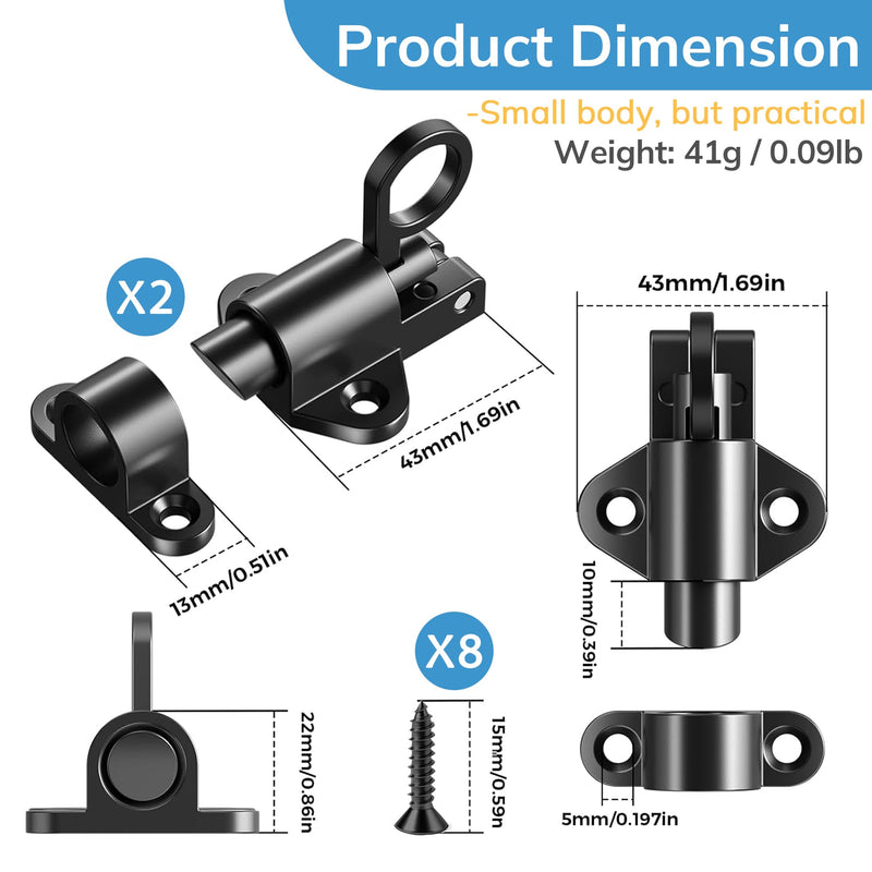 2 Packs Self Closing Latch Spring Door Lock, Automatic Gate Latch with Spring Loaded Pin, Aluminum Alloy Slide Gate Latch for Cabinet Window Fence, Black, AMS-CX01-B 2 Pack