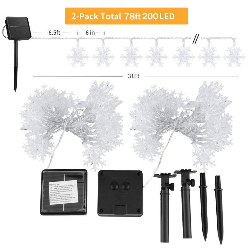 Brightown Solar Christmas Snowflake String Lights 2-Pack 100 LED 78FT Outdoor Waterproof Fairy Lights with 8 Lighting Modes for Wedding, Party, Tree, Room, Garden, Patio, Yard, Home(Warm White) Warm White 100 LED 2PACK