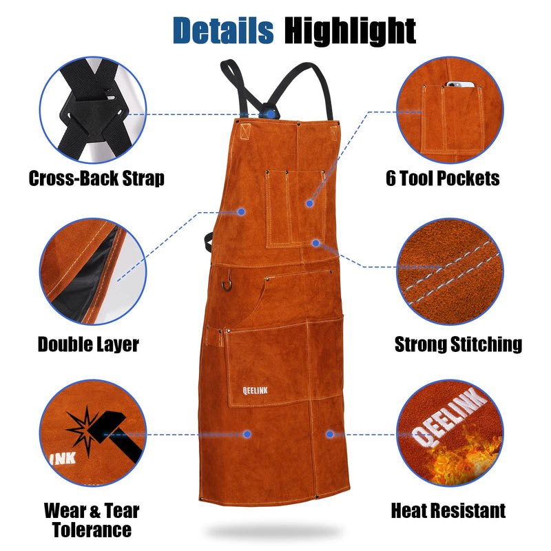 QeeLink Leather Welding Work Apron with 6 Tool Pockets, Heat & Flame Resistant Apron, 24" x 36", Adjustable M to XXXL Brown