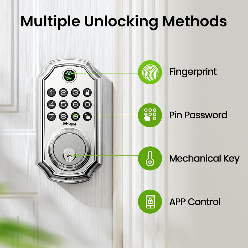 GHome Smart Door Lock KD30, Fingerprint Smart Deadbolt for Front Door, 5 in 1 Keyless Entry Door Lock, App Control, Auto Lock, 0.3s Unlock, Easy Install, for Home/Apartment/Office Smart Deadbolt Lock-Silver