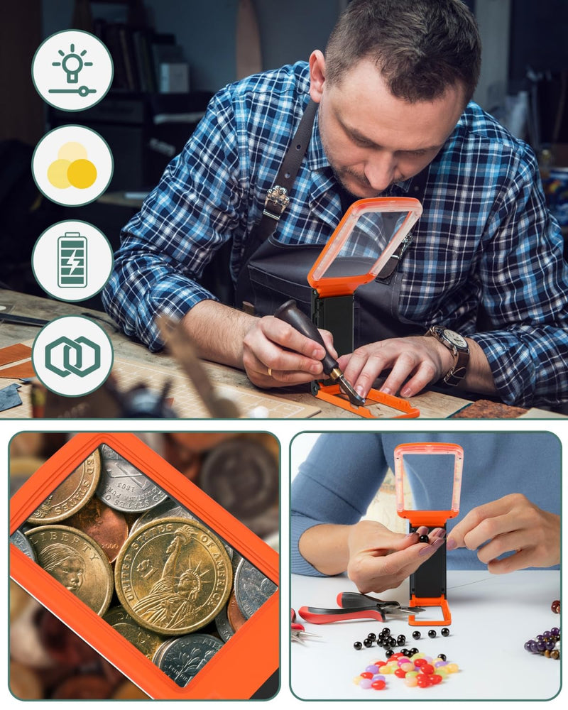 15X Magnifying Glass with Light and Stand, Rechargeable Folding Handheld Real Glass Magnifier, 3 Color Modes Dimmable Lighted Page Magnifier for Reading Small Prints, Seniors with Macular Degeneration Orange-back 15X