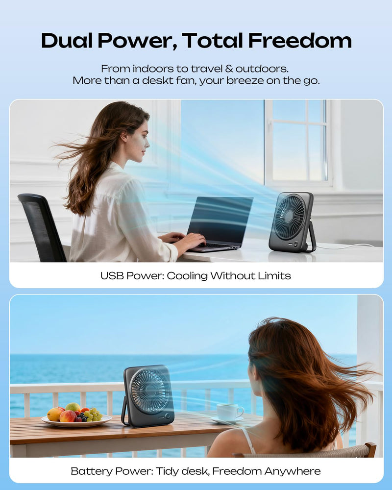 Otlonpe Personal Portable Desk Fan 2 Pack, 4000mAh Small Rechargeable Portable Fan Battery Operated & USB Powered for Travel Sleeping Bedroom Office Home Table, Cordless, Quiet, 4-Speed, 6.5 Inch Black & White