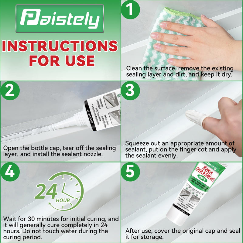 White Silicone Caulk Bathroom, White Caulking Silicone Waterproof, Bathroom Caulk for Kitchen & Bathroom, Shower, Countertops, Long-Lasting, Shrink & Crack Proof