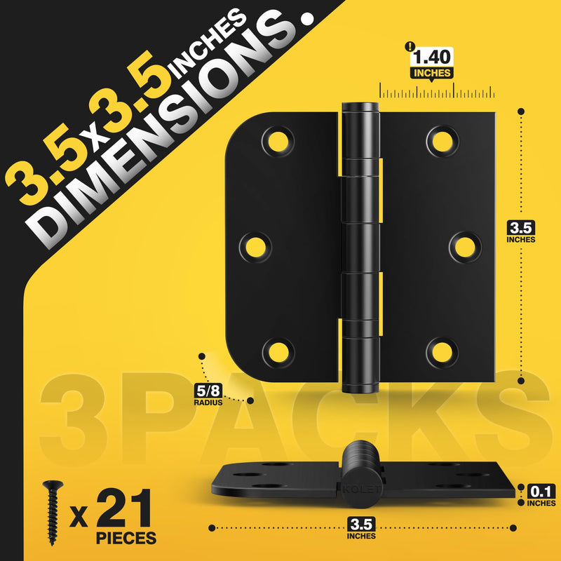 KOLET 3.5 Inch Ball Bearing Door Hinges,Square & 5/8" Radius Corner,3 Pack | Matte Black Exterior Door Hinges Heavy Duty Stainless Steel Hinges Smooth and Quiet Non Removable Pin 3 Pack