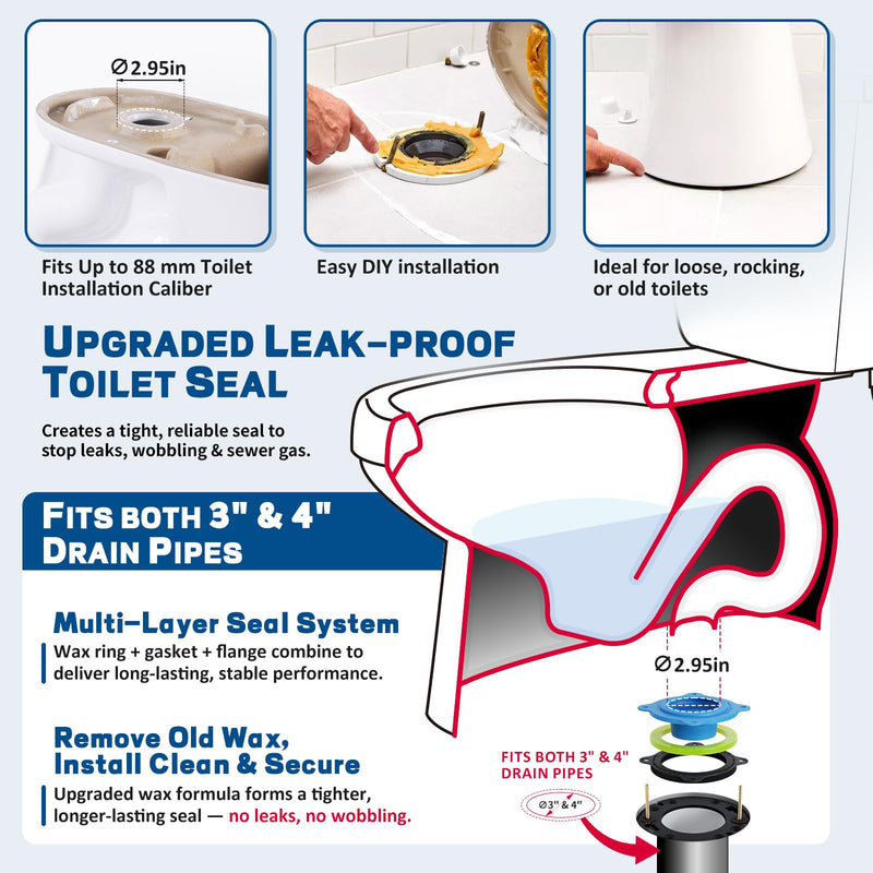 NEEXAN Toilet Wax Ring Replacement Kit with Brass Bolts and Caps, Fits 3-4 | Elastic Wax, Seals Toilet Base, For Standard Bathrooms, Includes Bolt Caps. Blue