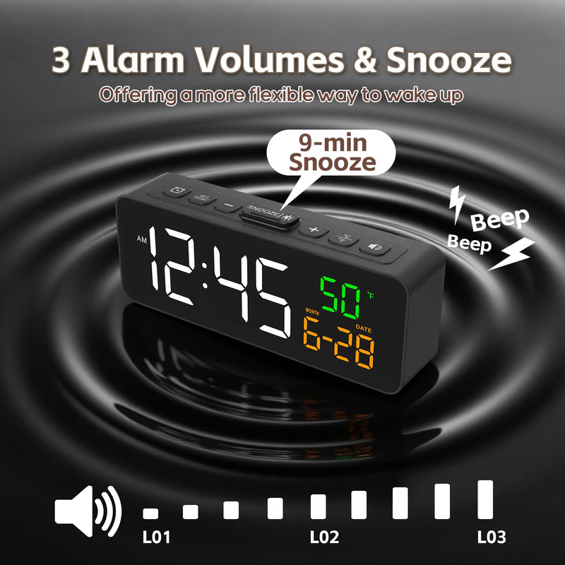 Netzu 3-in-1 Digital Clocks for Living Room with Temperature, Date & Time Display - 4 Levels Birghtness, 3 Volumes, Small & Compact Plug-in Alarm Clock for Bedroom, Office (Black) Black