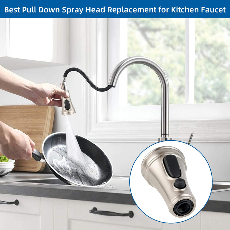 Hibbent Kitchen Faucet Head Replacement with Pull Down Spray Head, 3 Function Faucet Sprayer Nozzle - 15 Adapters Compatible with Moen, American Standard, Delta, Kohler - Brushed Nickel Stay on spray with hold button(common)