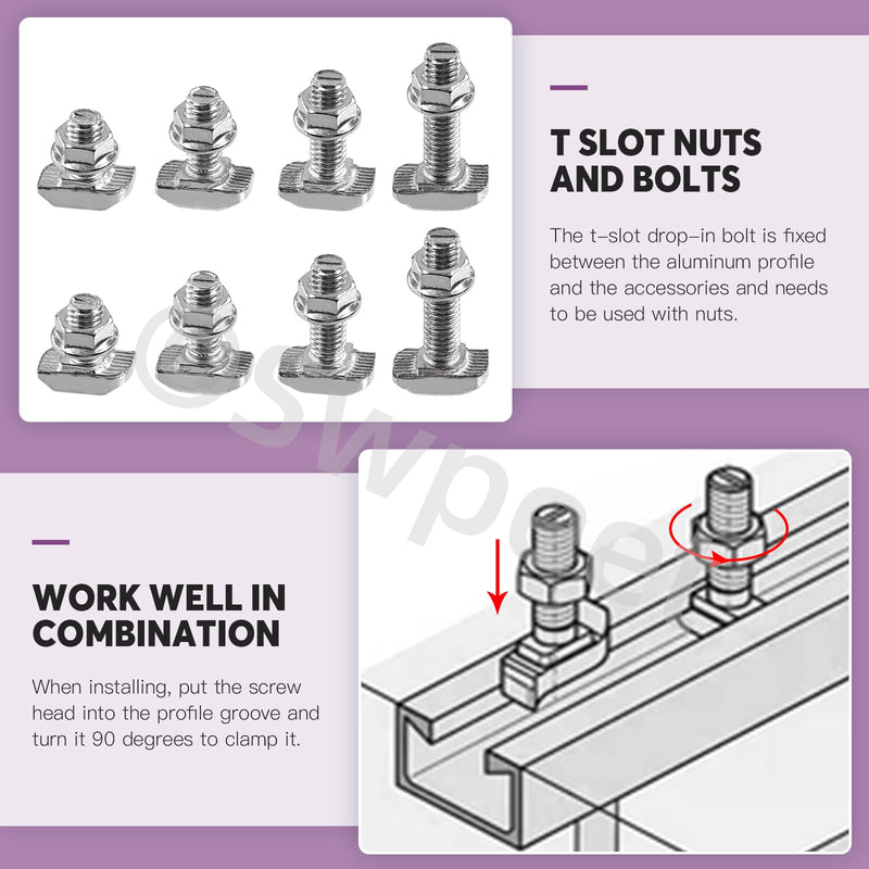 Swpeet 80Pcs 4 Sizes European Standard 30 Series M6 x 12/16/20/25mm T Slot Drop-in Bolt and Nickel M6 Flange Nut Assortment Kit, Thread T Slot, Drop-in Bolt T-Bolt, Hammer Head Bolt, T Screw Stud