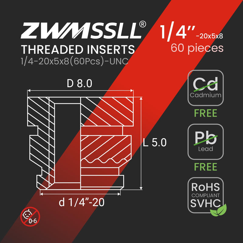 1/4"-20 Heat Set Threaded Inserts,60 Pieces 1/4"-20x5x8 Heat Set Insert for 3D Printing Components and Plastic Parts,Brass Knurled Nuts 60