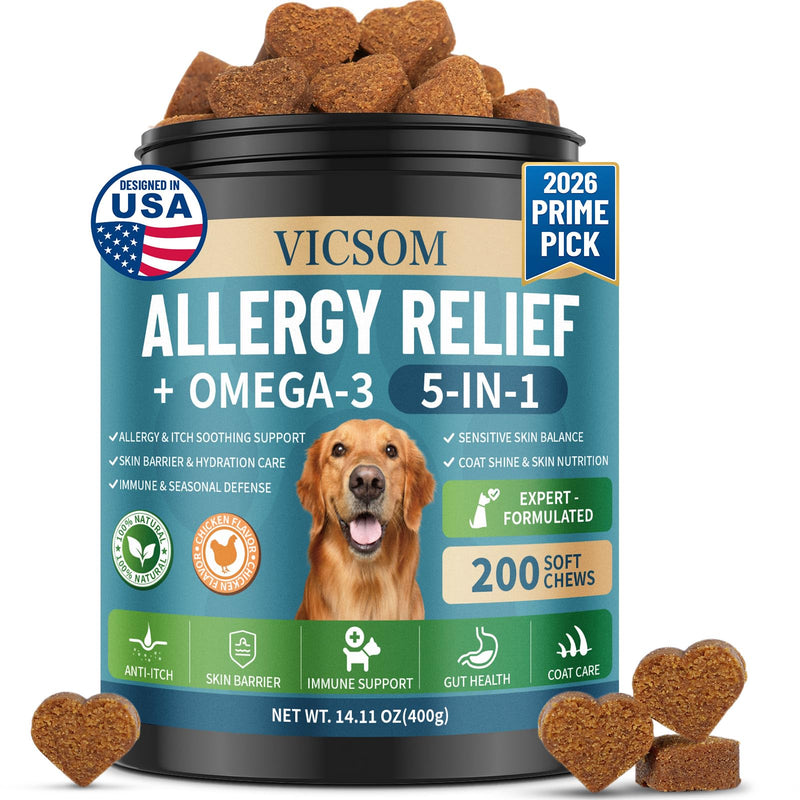 Dog Allergy Chews Omega 3 is Human, Dog Allergy Relief Itch Relief, 200 Chews Anti-Itch for Dogs Itchy Skin, Ear & Paw Licking, Allergy Relief Chews with Probiotics Fish Oil for Gut, Immune & Coat