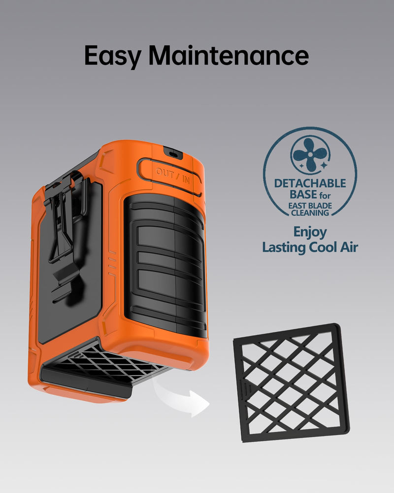 Waist Fan, 10000mAh Rechargeable Personal Fan, 8-in-1 Cooling Device, Up to 35H, 6 Speeds, 18500RPM, 59ft/s Strong Airflow, LED SOS & Red-Blue Warning Light, Hands-Free Belt Fan for Jobsite, Outdoor Orange
