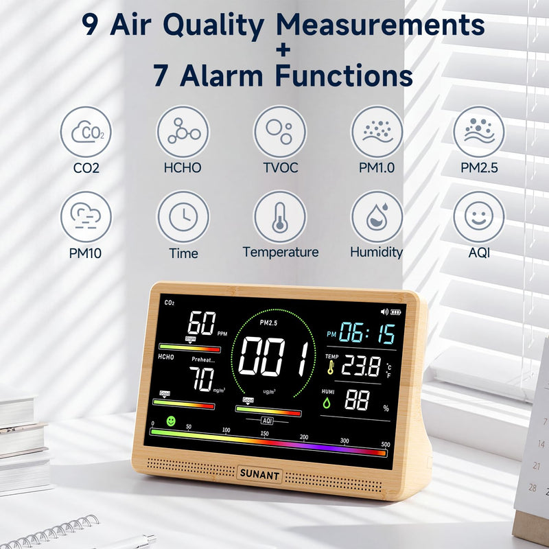 16-in-1 Air Quality Monitor Indoor, 7' Smart Large Display 9 AQI+7 Alarm Alerts, Real Time CO2, Formaldehyde, TVOC, PM2.5, PM10, Temperature & Humidity Portable Battery Powered Tester for Home, Office
