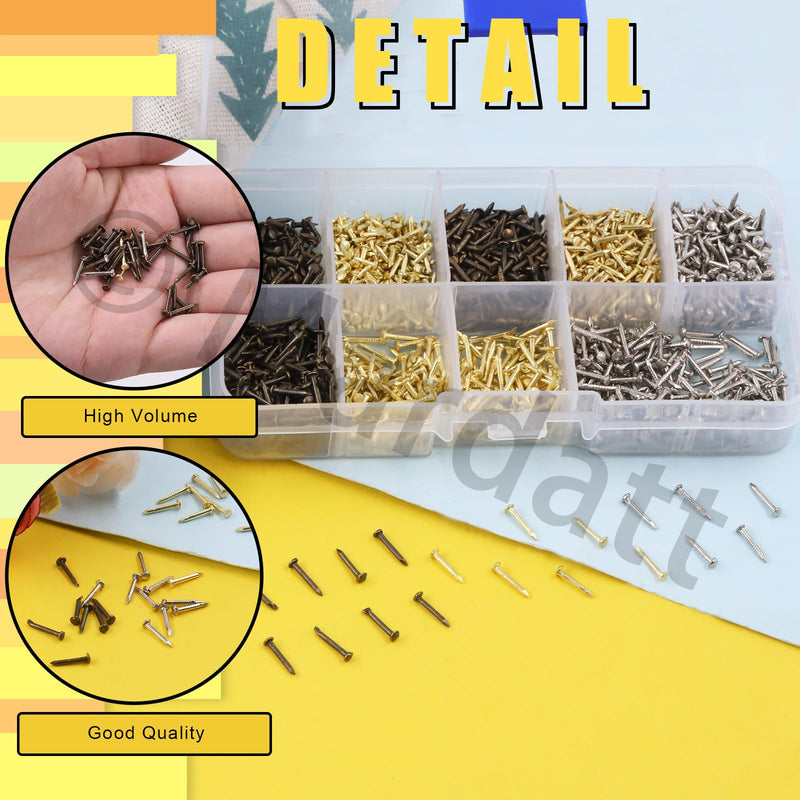 1600Pcs 3 Sizes Small Tiny Nails Assortment Kit, 1x6mm, 1x8mm 1x10mm Tiny Wooden Nails Hardware Tiny Nails Assorted Wall Nails Set for Pictures Hanging Woodworking Gold Bronze Silver