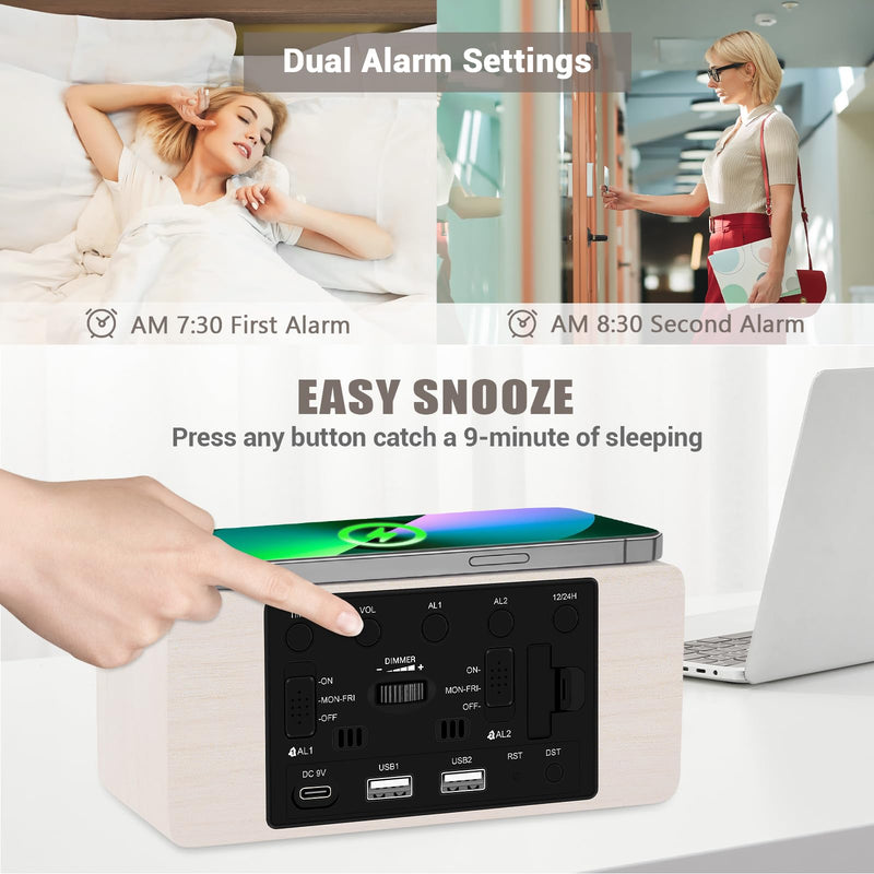 Wooden Digital Alarm Clock, 10W Fast Wireless Charger Station & 2 USB Charging Ports, with 0~99% Dimmer, Dual Alarm, Weekday/Weekend Mode, Wood LED Clock for Bedroom, Desk, Office White