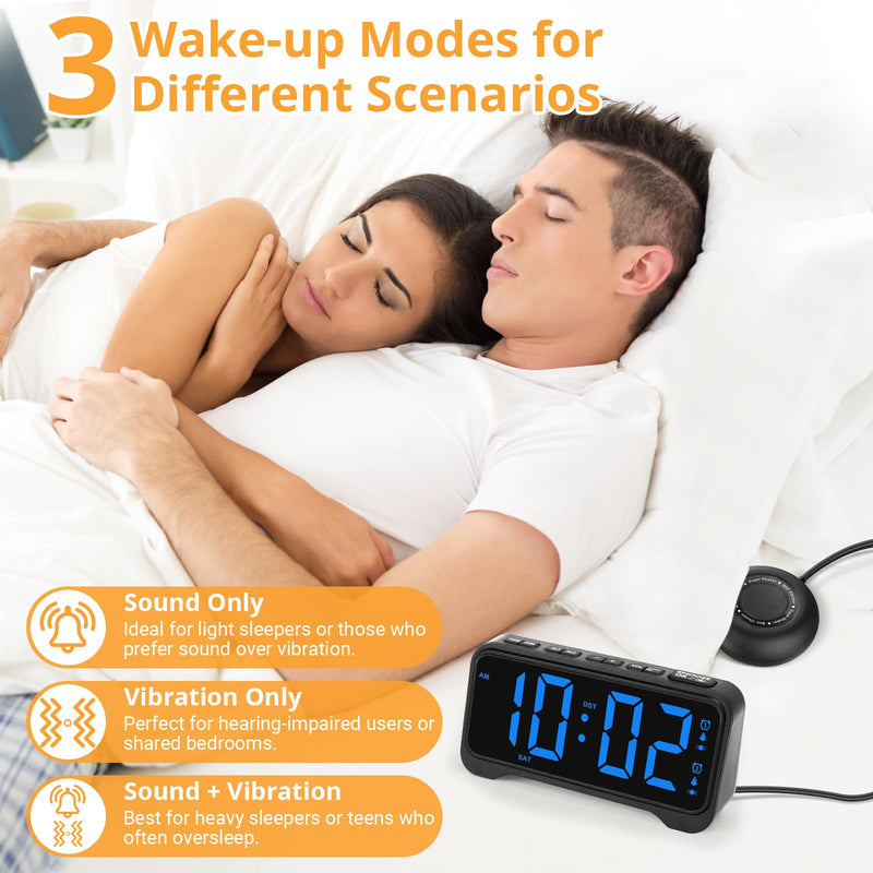 Loud Alarm Clock for Heavy Sleepers Adults, Vibrating Alarm Clock for Teens/Deaf, 7.5" Bright Clear Digital Screen, Adjustable Brightness with Night Light, 3 Levels Bed Shaker Under Pillow, Dual Alarm Blue