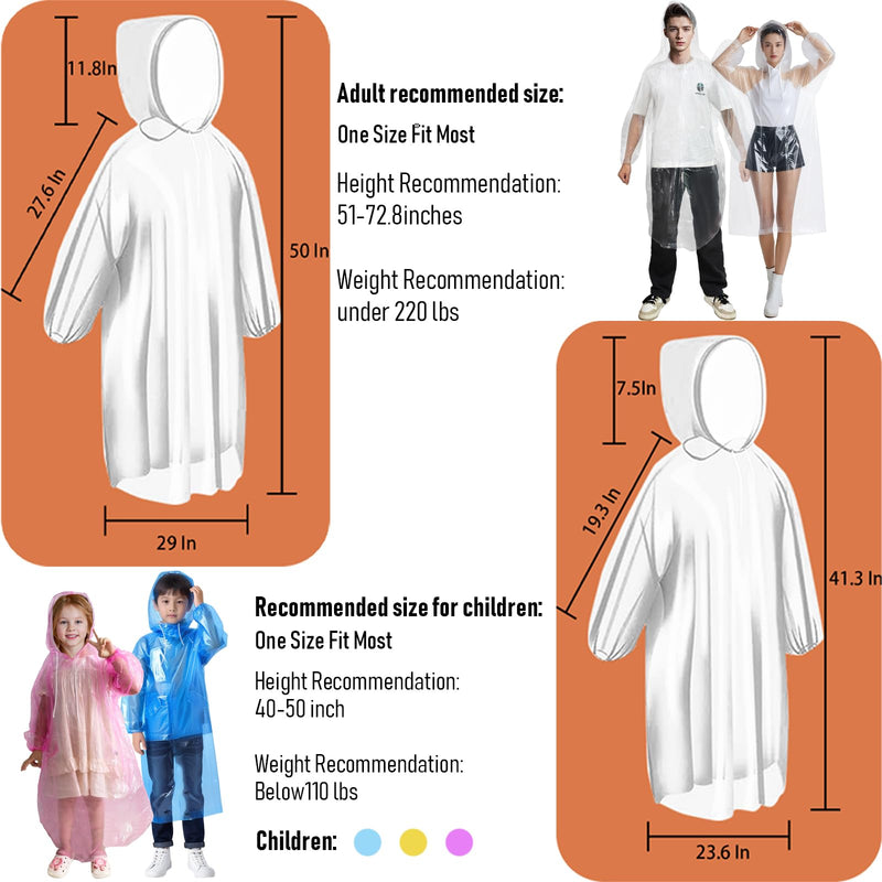 Ponchos Family Pack, (8 Pack) Rain Poncho for Adults and Kids Disposable Emergency Rain Ponchos 5 Adult +3 Child