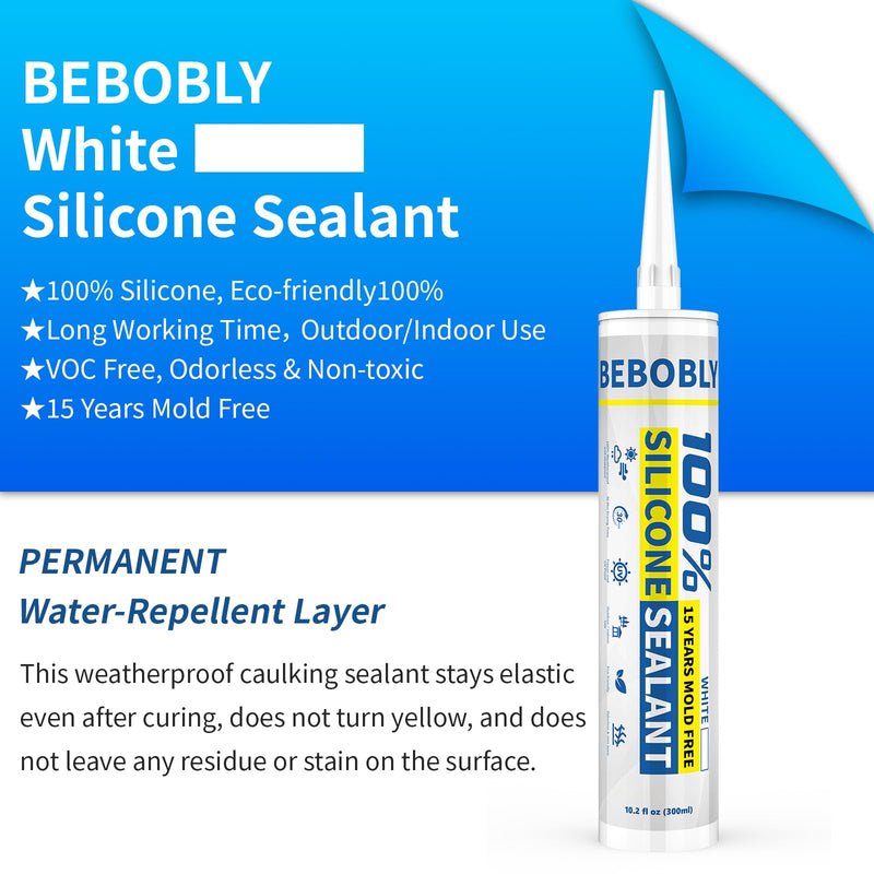White Silicone Caulk & Sealant, 100% Waterproof Silicone Sealant Caulking, Shrink & Crack Proof, Silicone Caulking for Kitchen, Bathroom, RV, Interior & Exterior Use, 10.2 FL. OZ/300ML, 1 Pack