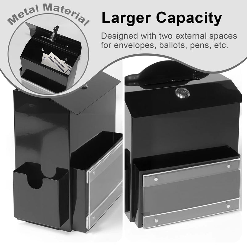 Suggestion Box with Magnetic Sign Holder, Metal Donation Boxes with Lock and Slot, Prayer Drop Ballot Raffle Tip Jars Wall Mounted Box for Fundraising Churches Offices School Black