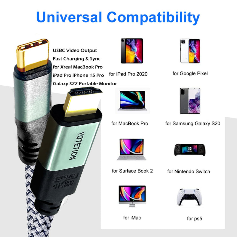 30FT USB-C to HDMI-A Braided Cable, 4K@60Hz, Suitable for Home Office [Compatible with MacBook Pro/Air, iPhone 15 Pro/Max, Galaxy S8-S23, Surface Book 2, XPS with Thunderbolt 3/4] 30FT