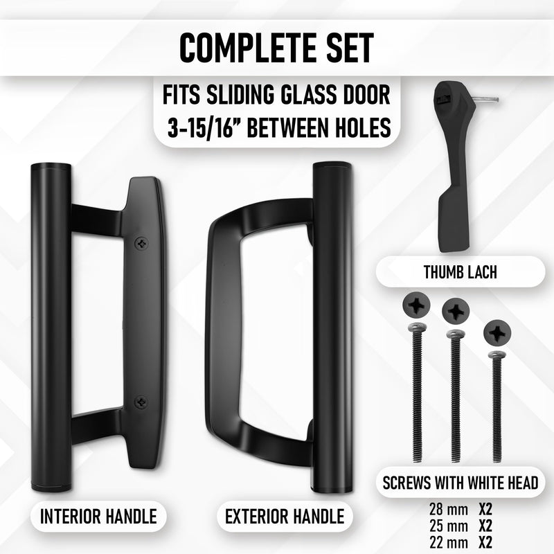 Sliding Glass Door Handle Replacement Kit, 3‑15/16" Screw Spacing, All- Aluminum, Mortise Style, Reversible, Non-Keyed, Fits 1‑3/8"–1‑3/4" Doors. (Non Keyed, Black)
