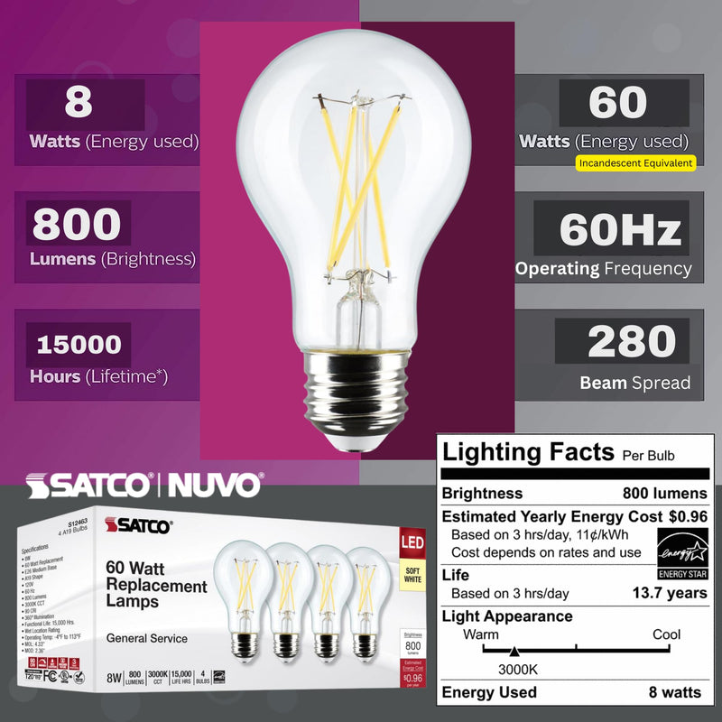 Satco S12463 LED Light Bulbs 8 Watt 120V 3000K Soft White 800 Lumens Dimmable 2 Packs of 4 (8 Bulbs Total)