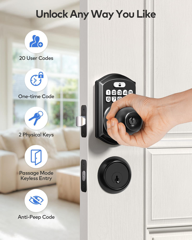 TEEHO TE003 Keyless Entry Keypad Door Lock with Handle, Electronic Digital Smart Locks for Front Door, Smart Door Knob with Code for Bedroom with Interior Locks, Auto Lock, Passage Mode, Matte Black