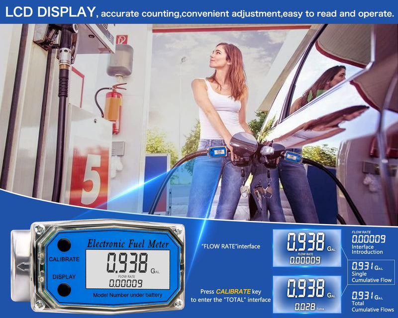 1Inch Flow Meter - Turbine Flow Meter - Fuel Flow Meter - LCD Digital Flow Meter with FNPT Inlet/Outlet for Liquids Such As Water, Diesel, Kerosene and Gasoline, 2.5-26 GPM /10-100 LPM