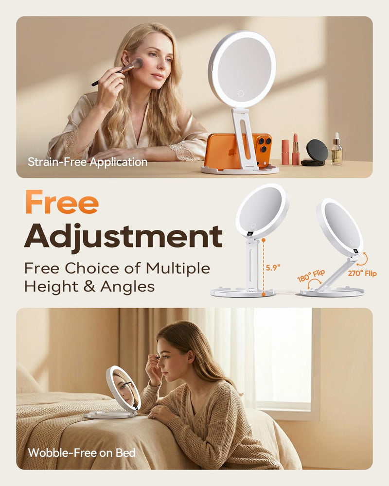 Travel Makeup Mirror with Lights (Gen 3) - 20X/1X Dual Sided Magnifying Mirror with Digital Power Display - Rechargeable, 3 Color Dimmable, CRI 95+ - Portable Folding Design White