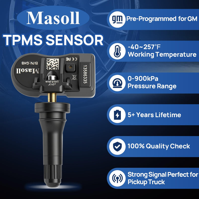 TPMS Sensor for GM, Tire Pressure Sensor for Chevy Silverado Buick Cadillac GMC, 2026 New Upgrade Tire Pressure Monitoring Sensor 4-Pack, Dual-Antenna Design Tire Sensor 4 Sensors